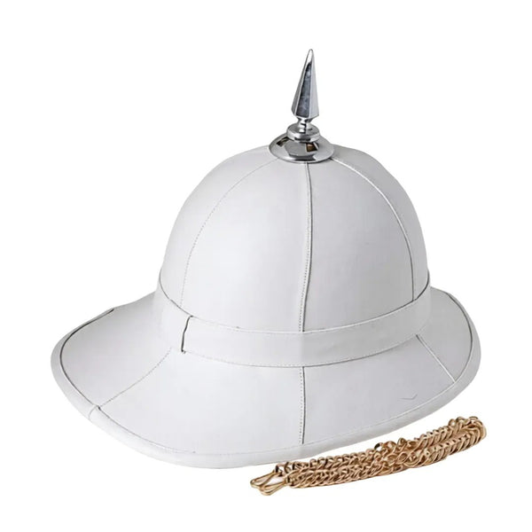 White helmet with a metallic spike and gold chin strap on a white background