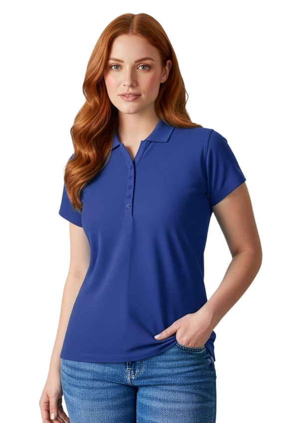 Woman wearing a blue polo shirt on a white background