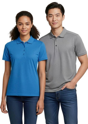 Two people wearing polo shirts, one cyan and one gray, on a white background.