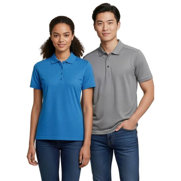 Two people wearing polo shirts, one cyan and one gray, on a white background.