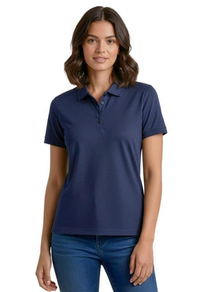 Woman wearing a navy blue polo shirt on a white background