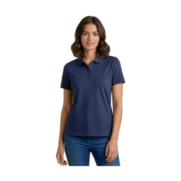 Woman wearing a navy blue polo shirt on a white background