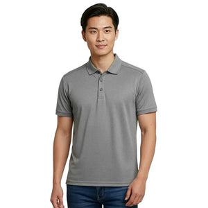 Man wearing a gray polo shirt on a white background