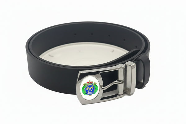 Black Leather Belt with Custom Chrome Police Logo