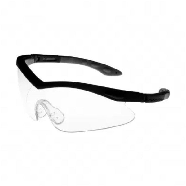 Clear safety glasses with adjustable arms and a flexible nose bridge 