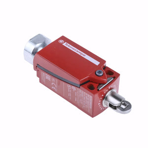 Red mechanical component with silver accents on a white background. Colin Carr Agencies are specialists in food safety and hygiene equipment. 
Rugged roller plunger limit switch with 2NC/1NO contacts, IP66/67 protection and long mechanical life, ideal for industrial safety and automation use.