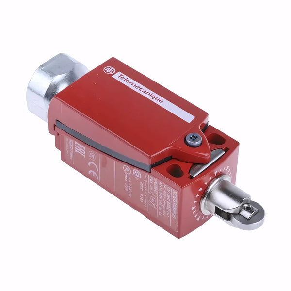 Red mechanical component with silver accents on a white background. Colin Carr Agencies are specialists in food safety and hygiene equipment. 
Rugged roller plunger limit switch with 2NC/1NO contacts, IP66/67 protection and long mechanical life, ideal for industrial safety and automation use.