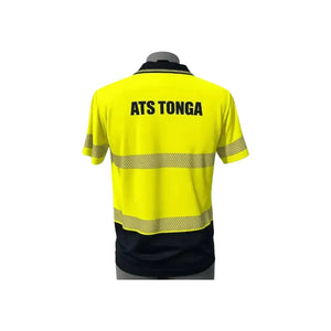 Rear of a yellow taped polo on a mannequin, branded ATS Tonga with a white background