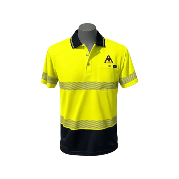 Front of a yellow taped polo on a mannequin, branded ATS Tonga with a white background