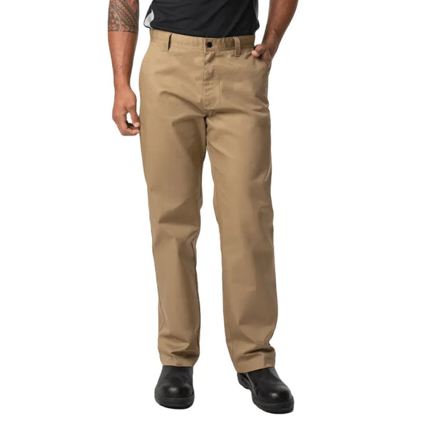 Beige pants worn by a person on a white background