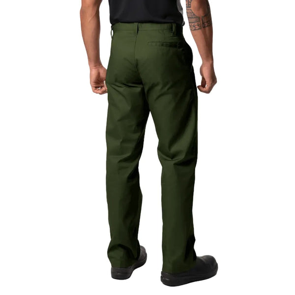 The rear of a person wearing jungle green stamina pants on a white background