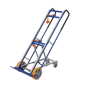 VARIOfit heavy duty trolley with support wheels for bulky goods handling. Industrial VARIOfit platform trolley with adjustable support wheels and steel frame. Colin Carr Agencies